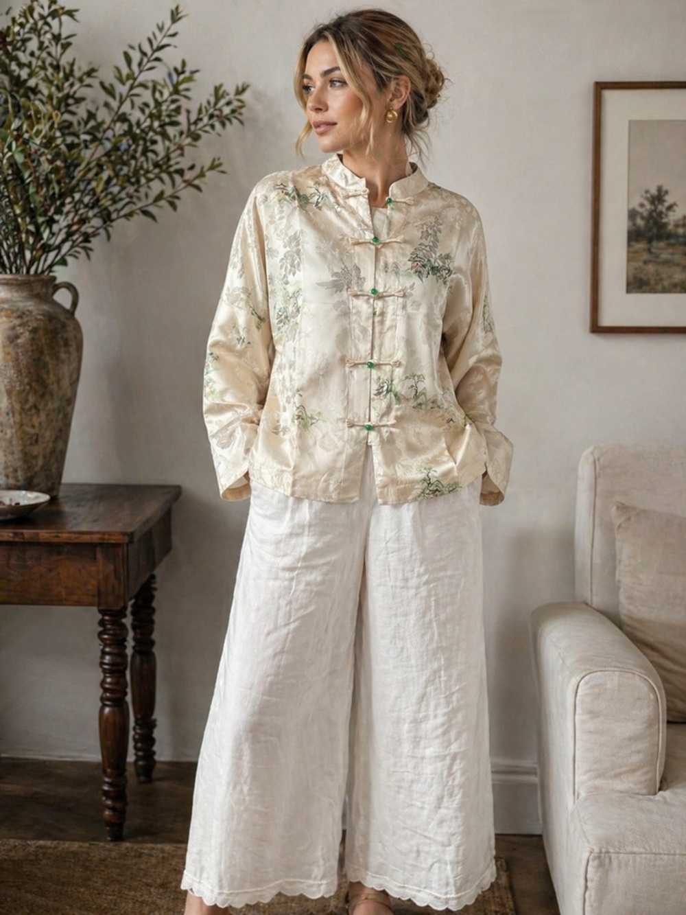 Ivory Floral Satin Mandarin Button Jacket